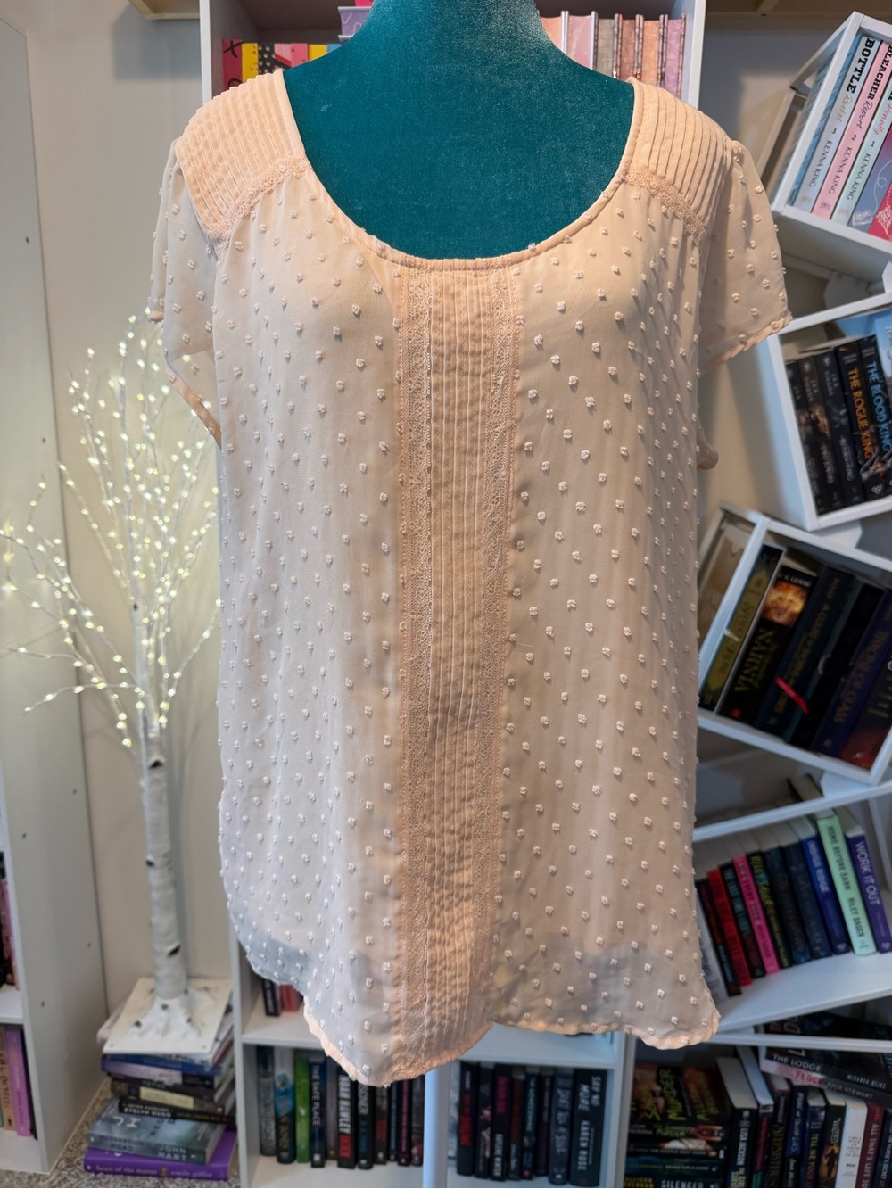 Lauren Conrad Women's Creamy Blush Pink Swiss Dot Scoop Neck Blouse